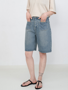 百慕大五分短裤 「清仓」山系显瘦复古水洗棉直筒牛仔中裤 女夏季