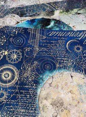 junk journal蓝色背景纸宇宙星辰手账素材纸狼鹿动物diy装饰打底