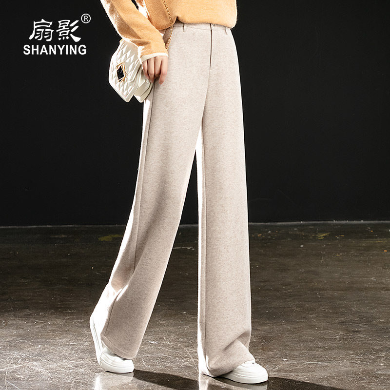 米色羊毛呢阔腿裤女秋冬2021年新款人字纹高腰直筒宽松垂坠休闲裤