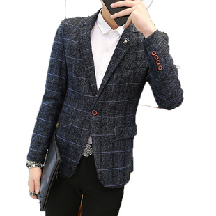 西装男版秋款毛呢格子西服男士时尚休闲便西青年修身单西男装外套