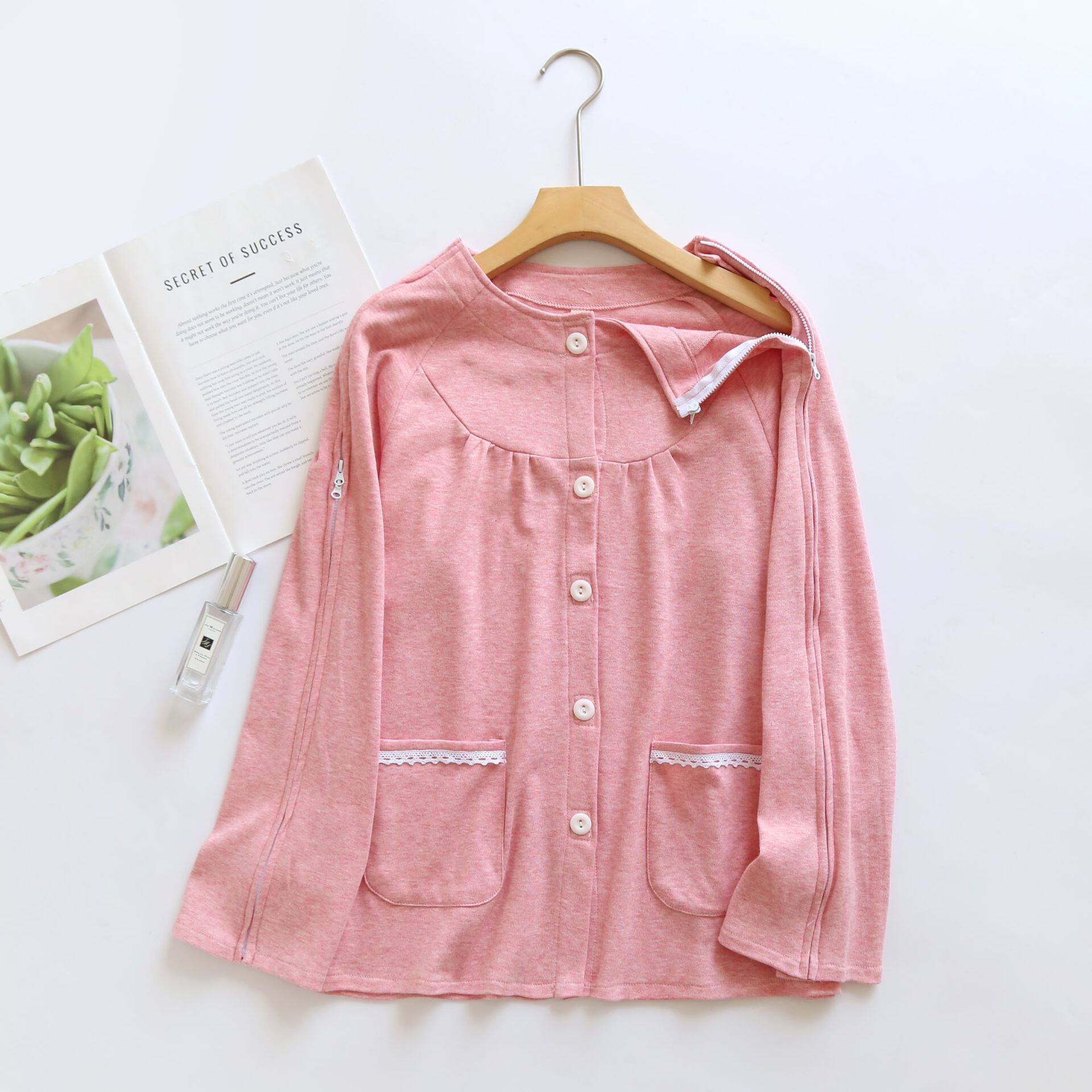 春秋款手腕骨折穿的衣服女袖子带拉链伤员服纯棉肩膀术后康复衬衫