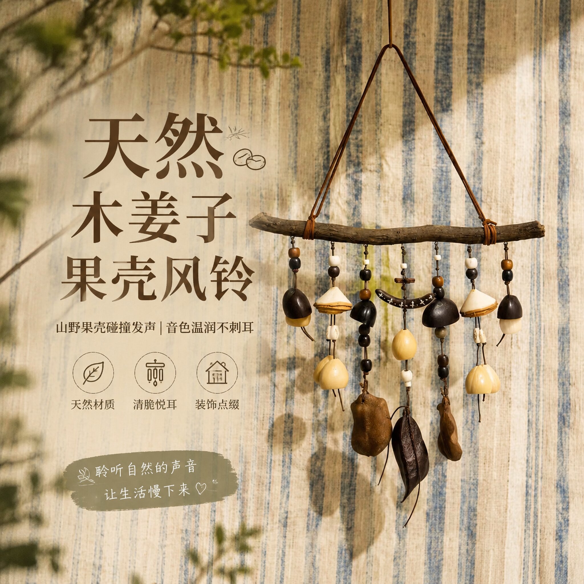 天然木姜子果壳风铃手工原生态挂饰侘寂风家居墙面装饰送女生礼物