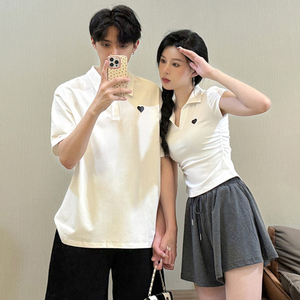 情侣装夏季新款polo衫短袖纯棉t恤一长一短高级感套装裙小众设计