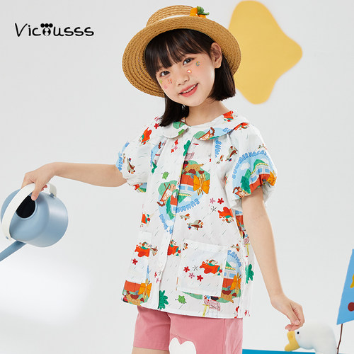 viciusss女童纯棉衬衫短袖夏季薄