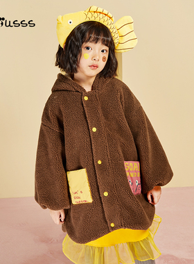 Viciusss丸社可爱卡通仿羊羔绒连帽外套女童秋冬加厚加绒毛毛大衣