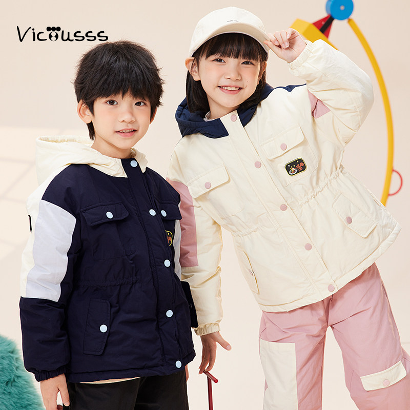viciusss丸社男女童羽绒棉服新款冬儿童女孩连帽加厚保暖冬装外套