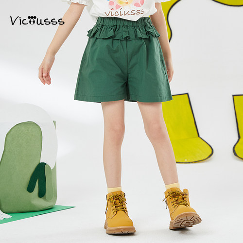 viciusss女童短裤纯棉高腰花边夏