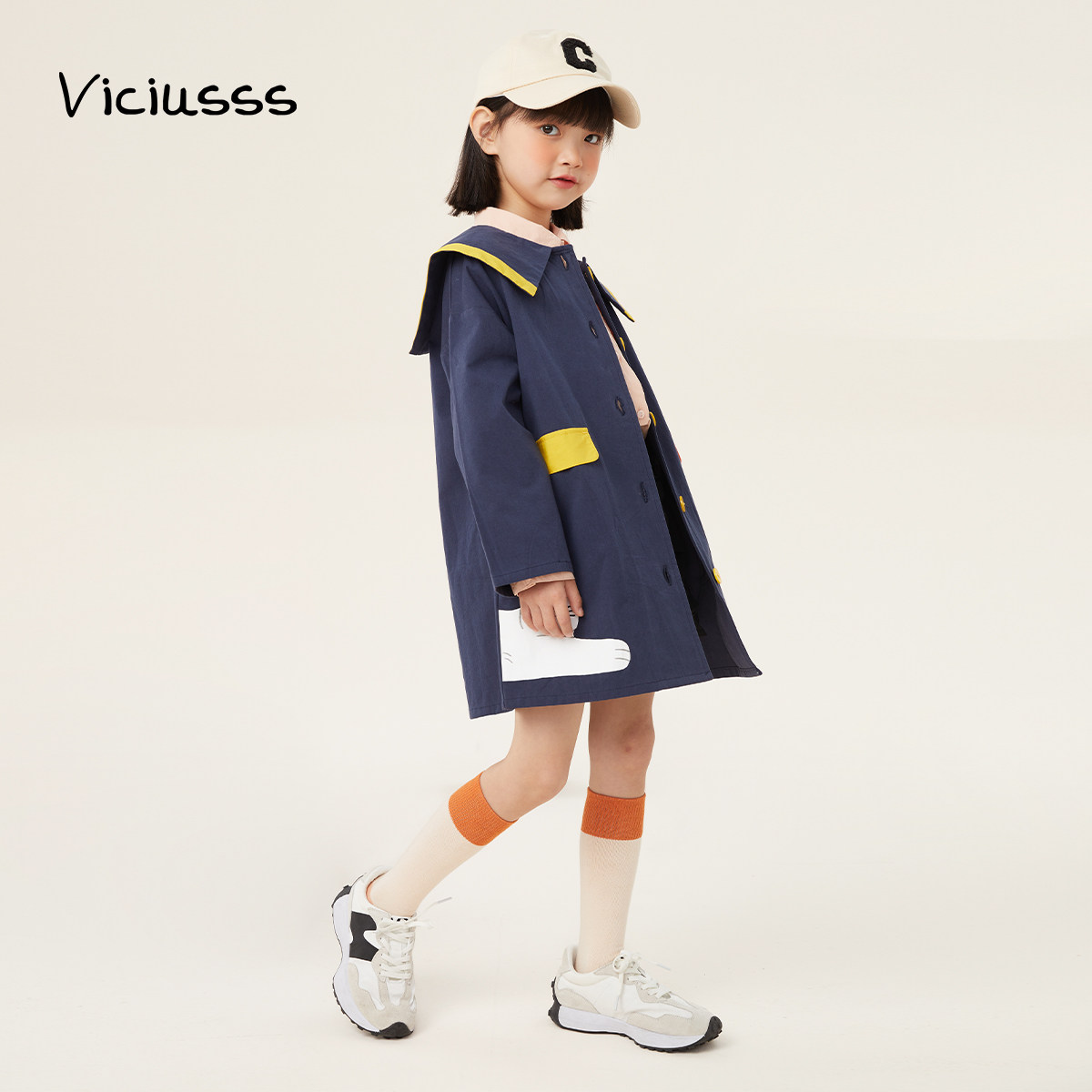 viciusss童装女童翻领风衣春秋季新款可爱中长款纯棉外套洋气上衣