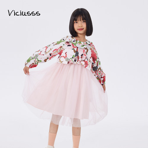 viciusss女童连衣裙长袖新款网纱