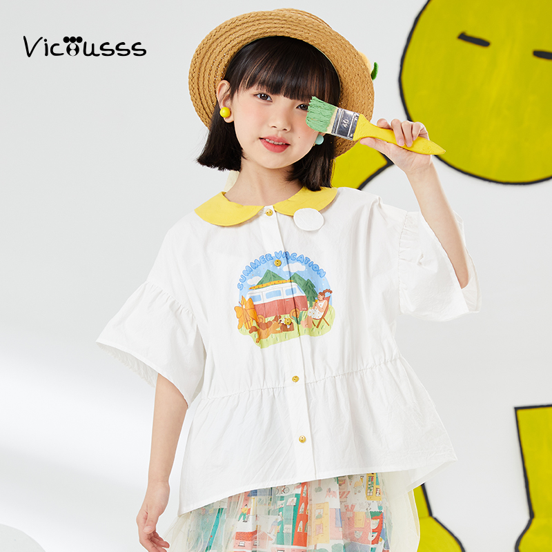 Viciusss女童纯棉短袖宽松衬衫