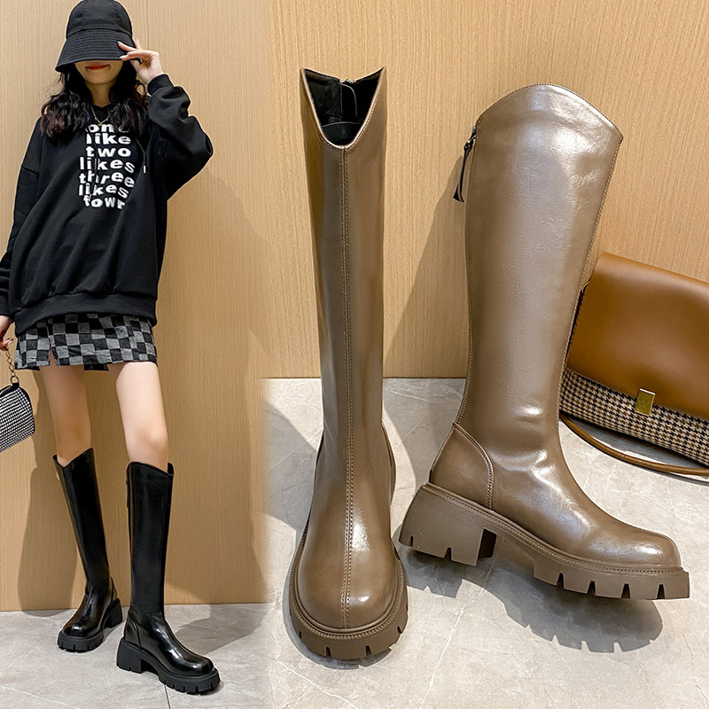 长筒靴女粗腿大筒围胖m高跟大码女靴41一43V口小腿加肥高筒骑士靴