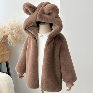 盼盼熊儿童皮草冬装 棉衣服 外套女童仿獭兔毛绒加厚保暖男童中长款