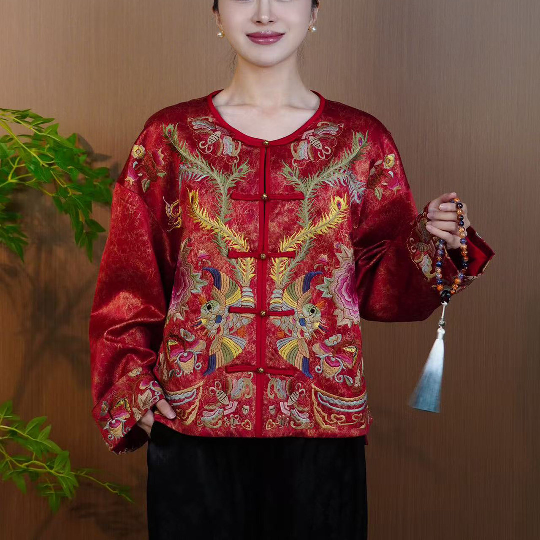 【凤凰图】新中式醋酸重工定位刺绣红色盘扣圆领棉服外套