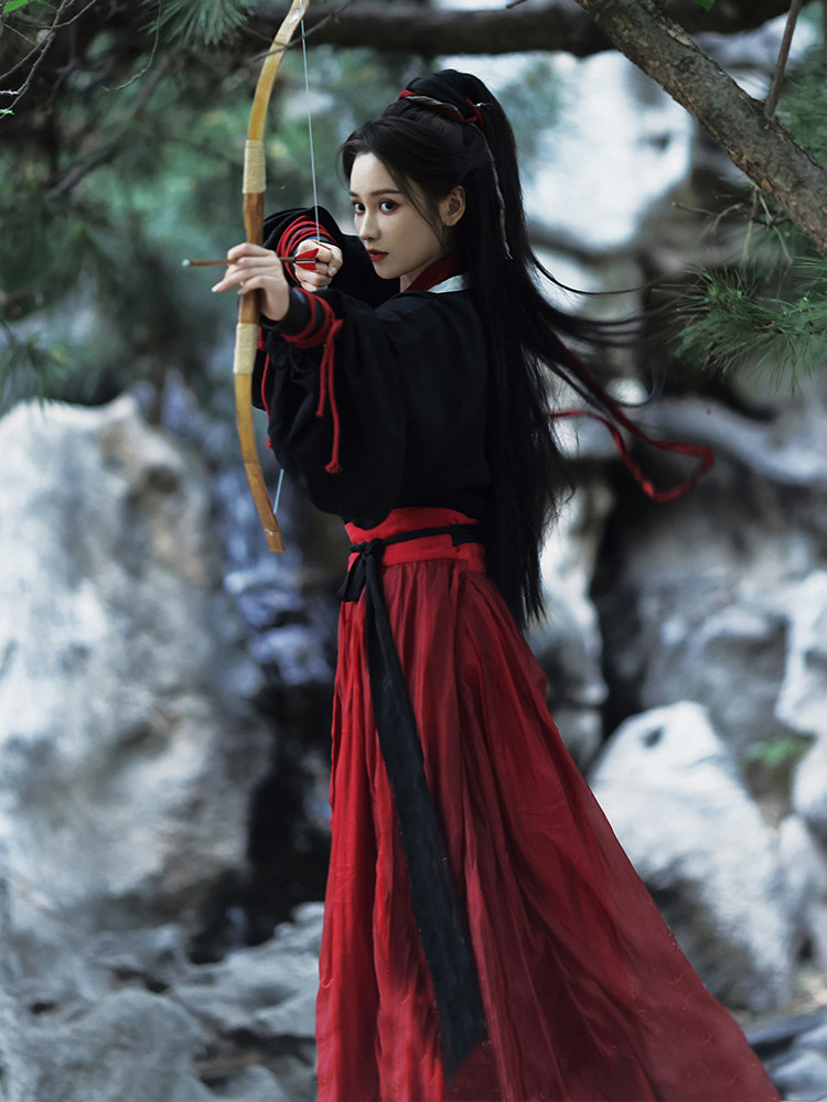 위진 남조 고대 의상 HANFU 검정 빨강 잘생긴 무술 여성 스타일 넓은 소매 크로스 칼라 허리 길이 스커트 2024 새로운 스타일