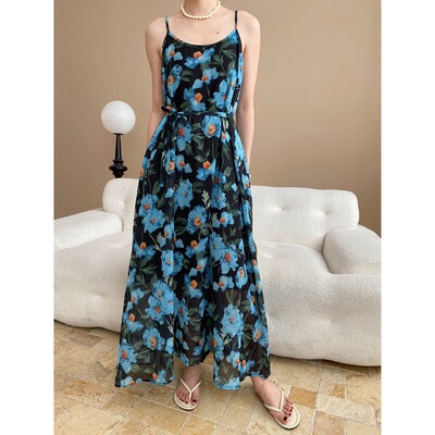 莫奈花园 法式油画碎花系带收腰显瘦气质吊带连衣裙 SN7452