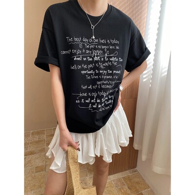 博主松弛感 美式慵懒涂鸦字母印花圆领宽松短袖T恤 SN7231