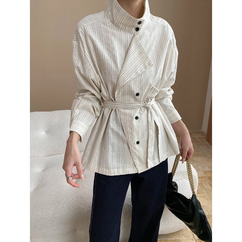 司南 小众设计师款 高智感两穿领收腰设计感条纹通勤衬衫 SN7937