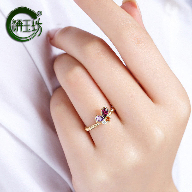 洅玉坊网红新款时尚天然彩色宝石戒指 9K黄金镶嵌黄晶石榴石女戒