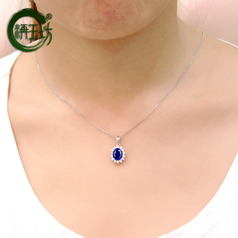洅玉坊彩色宝石蓝宝石吊坠925纯银彩宝坦桑色珠宝项链镀18K金女款