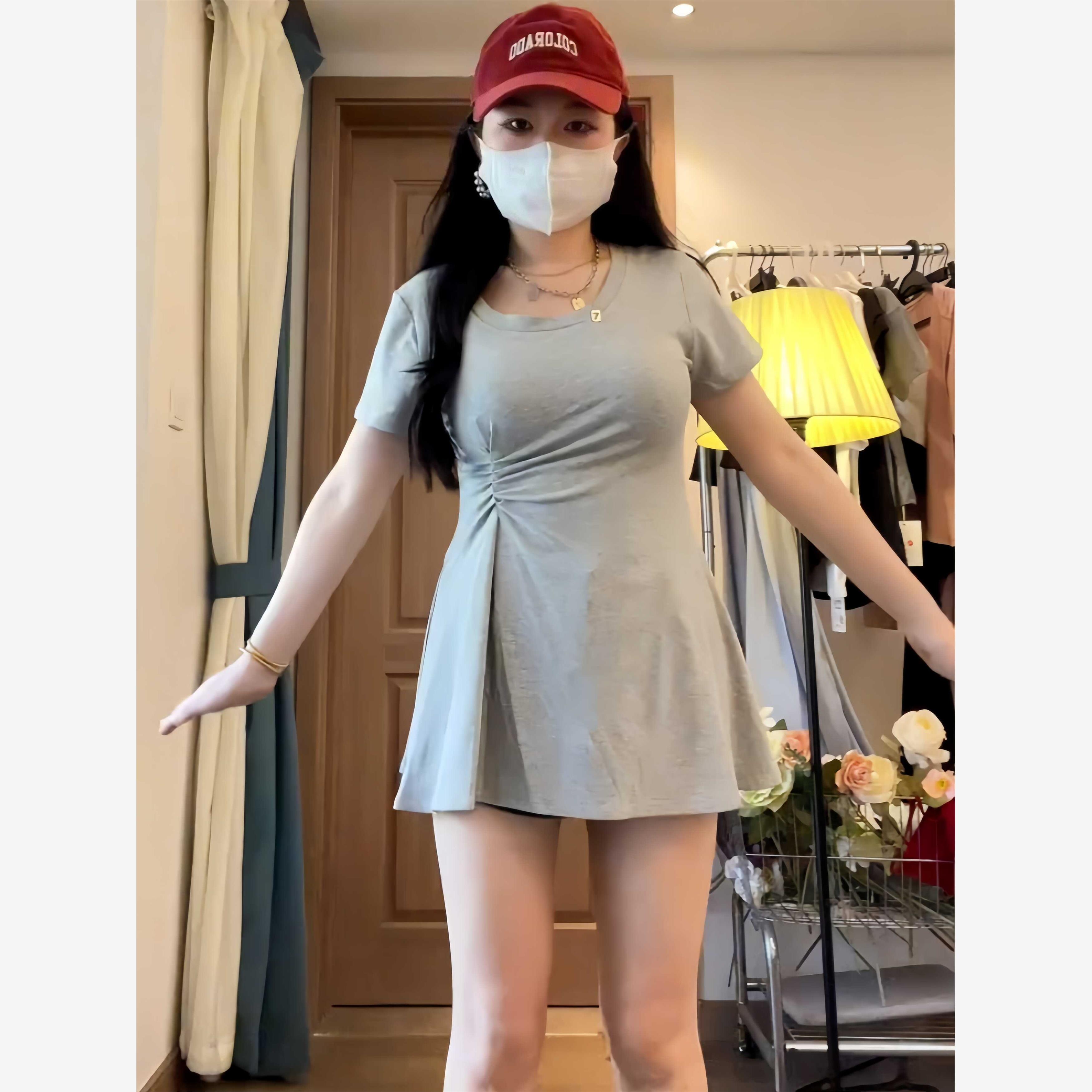 大码辣妹收腰正肩短袖t恤女夏季胖mm显瘦不规则设计感中长款上衣