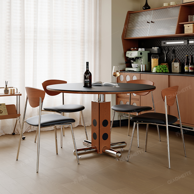 乔美特复古风岩板餐桌小户型家用客厅圆形包豪斯实木中古风餐桌