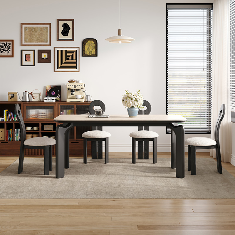乔美特实木岩板餐桌洞石家用小户型长方形包豪斯复古饭桌中古风
