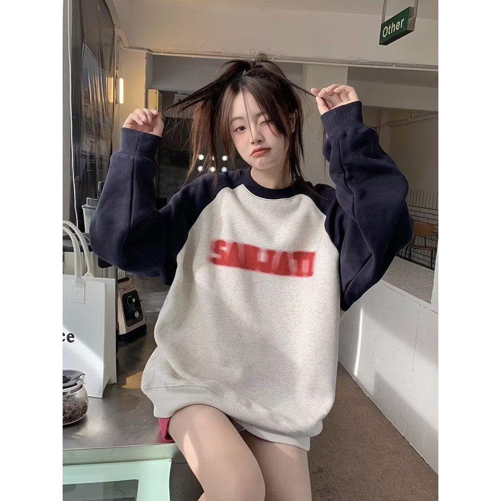 纯色流行时尚卫衣文艺潮流圆领新款宽松型简约绒衫套头长袖女街头