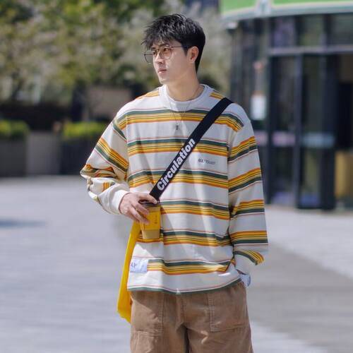 美式重磅条纹卫衣男潮牌宽松长袖网红小领口收腰t恤个性百搭chic