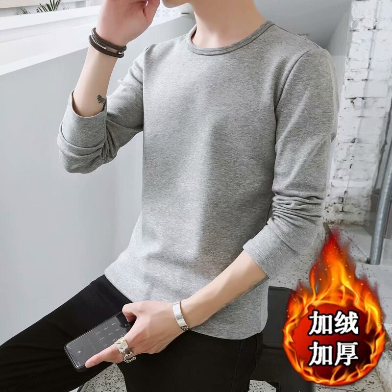 冬季加绒加厚保暖长袖t恤男士秋衣上衣服修身纯白色V领打底衫男装