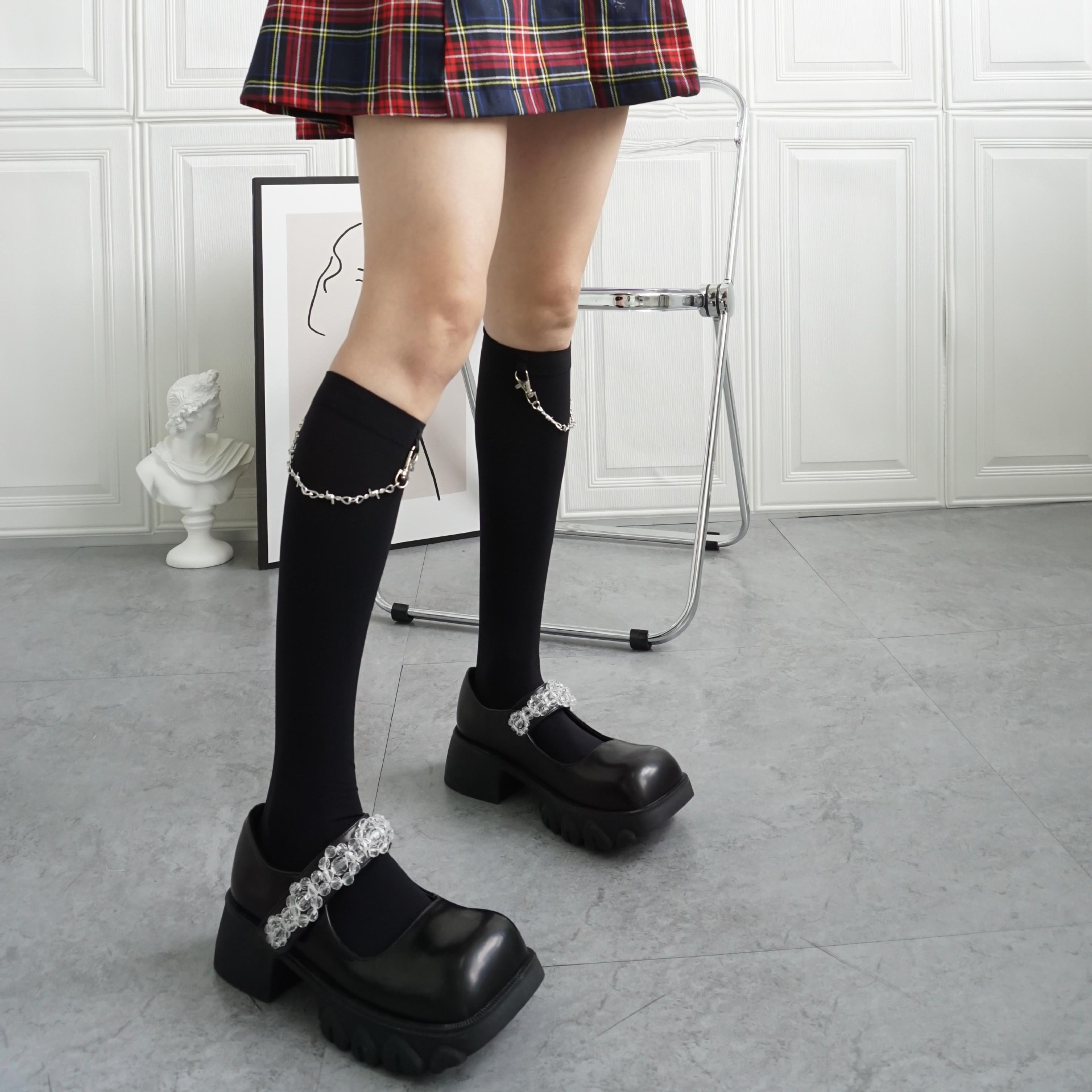 ins潮学生棉袜暗黑系链条袜子jk袜日系甜美学院风小腿袜中筒袜女