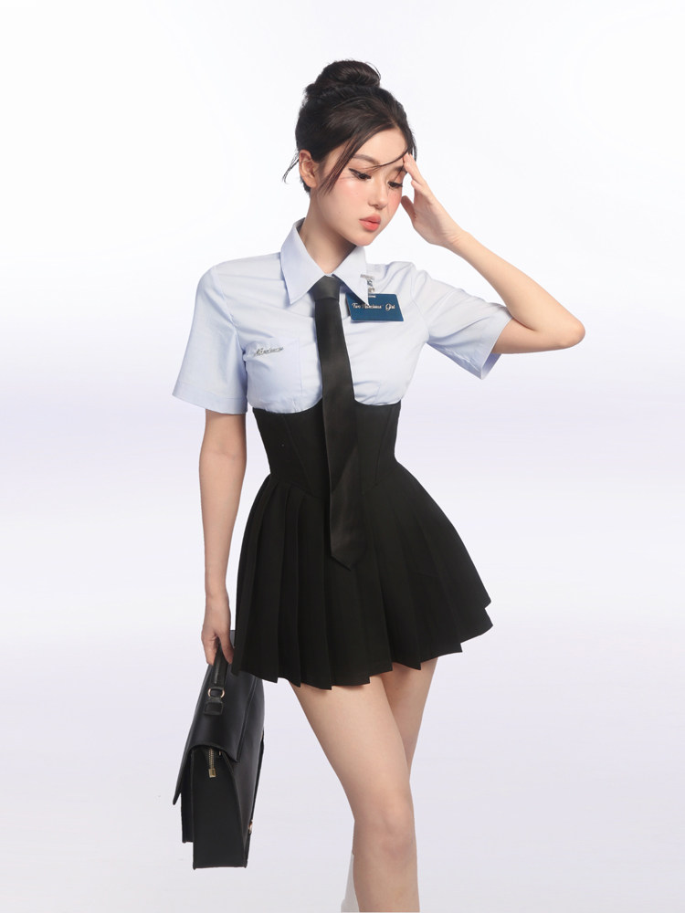 TWO NARCISSUS SIAMESE LOVE BLUE SHIRT COLLEGE FISHBONE WAIST DRESS SUIT THAI UNIFORM RETRO