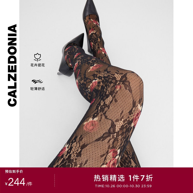 CALZEDONIA卡泽意袜26秋冬新品时尚玫瑰印花蕾丝连裤丝袜MODC2265