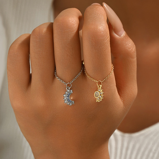 个性 太阳月亮水钻戒指女双层吊坠开口可调节不掉色 气质潮流时尚