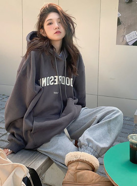 美式复古深灰色卫衣女秋冬oversize宽松bf慵懒风连帽加绒加厚外套