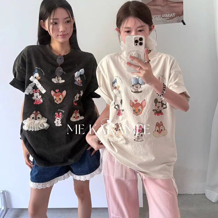 韩国东大门夏季新款减龄卡通米奇立体可拆蝴蝶结大版短袖T恤上衣
