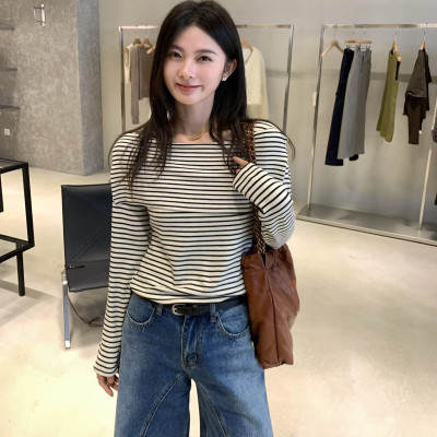 十三行秋季新款翻领条纹一字肩长袖T恤女舒适柔软显瘦百搭上衣潮