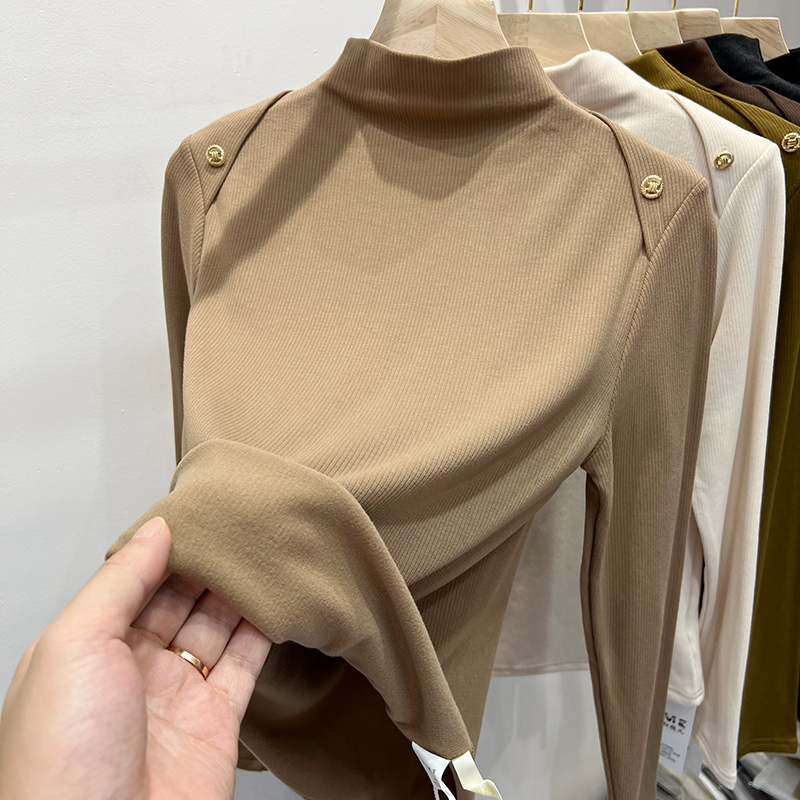 半高领纽扣坑条加磨毛薄绒长袖