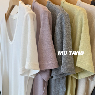 巨爱 舒舒服服！u领莱赛尔羊毛短袖打底T恤女纯色百搭tee正肩上衣