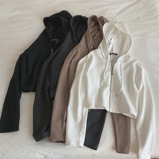 女薄款 显身材bm风 显瘦高腰连帽卫衣外套学生拉链衫 短款 上衣 秋装