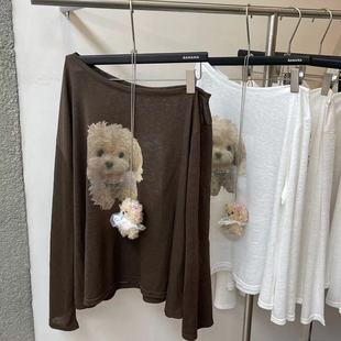 韩国东大门夏季新款卡通狗狗薄款斜领露肩长袖T恤女慵懒宽松上衣