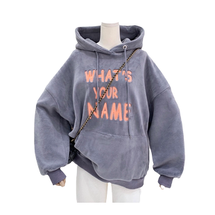 金丝绒连帽卫衣女冬季韩版刺绣字母慵懒风宽松加绒加厚保暖女外套