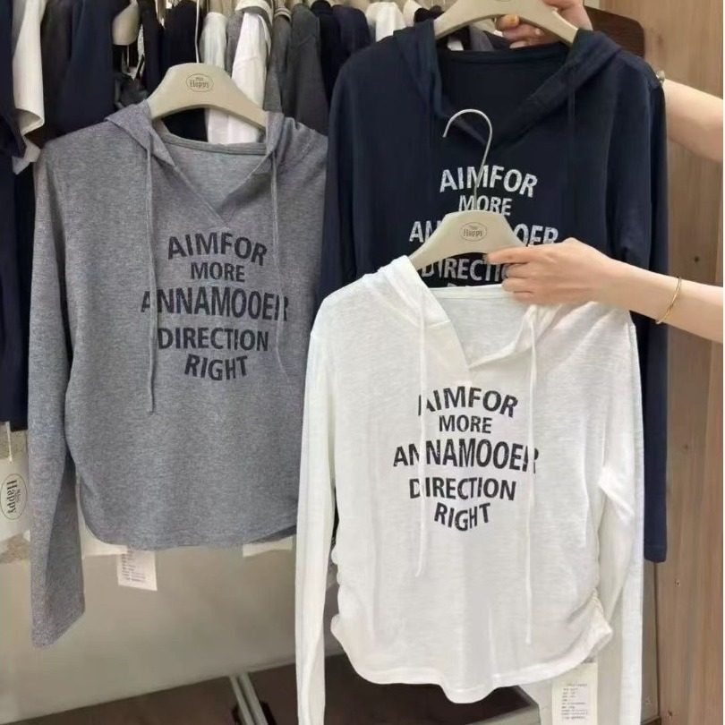 韩国东大门早秋新款洋气修身褶皱显瘦字母印花抽绳连帽长袖T恤女,女装/女士精品,T恤,淘宝优惠券,粉丝福利购,淘宝优惠卷