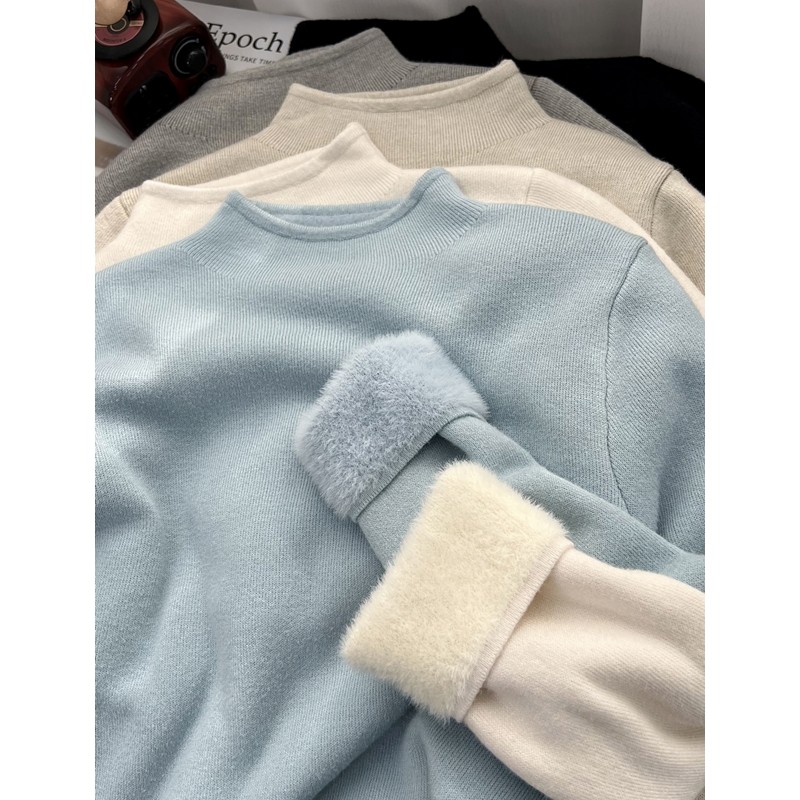 加厚一体绒温柔纯色针织保暖上衣