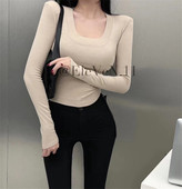 2026年新款 版 T恤纯色修身 打底衫 型chao好 垫肩上衣女U领加绒长袖