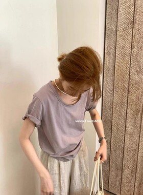 韩版紫色U领短袖t恤女2026夏季新款宽松大领口正肩体恤上衣小个子