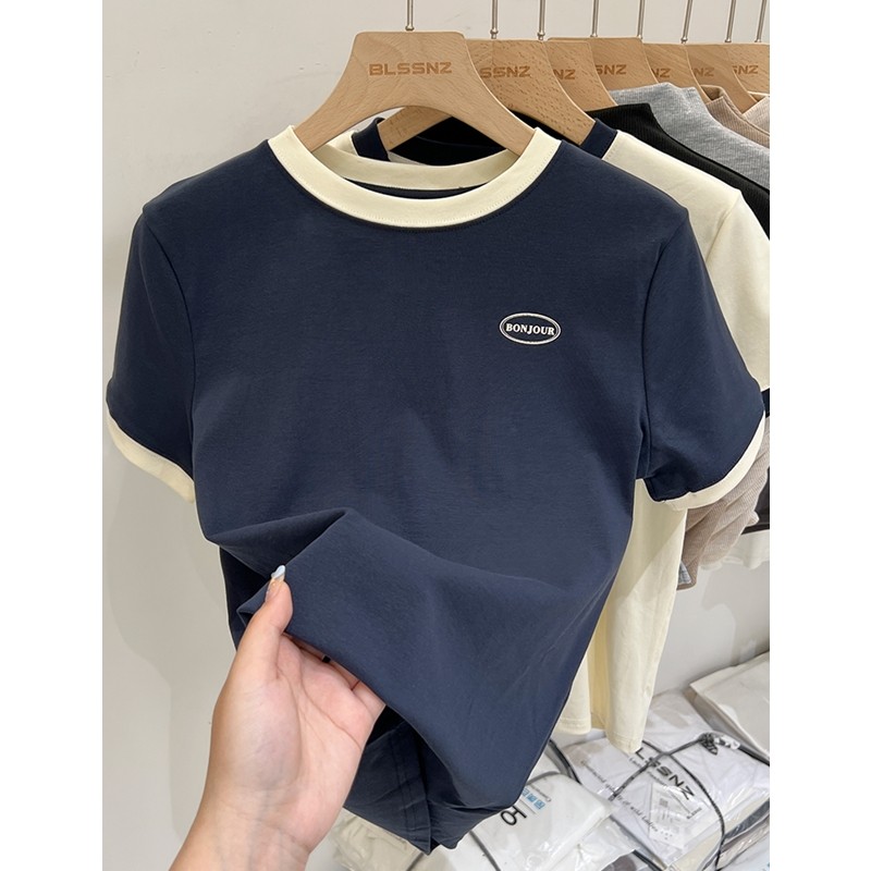 撞色纯棉正肩短袖t恤女夏季2026新款蓝色圆领宽松上衣体恤半袖潮