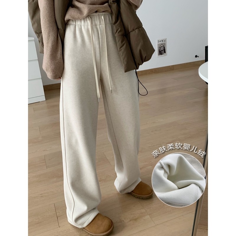 加绒加厚肌理感羊毛窄版阔腿裤女冬季高腰直筒拖地休闲长裤外穿潮,女装/女士精品,休闲裤,淘宝优惠券,粉丝福利购,淘宝优惠卷