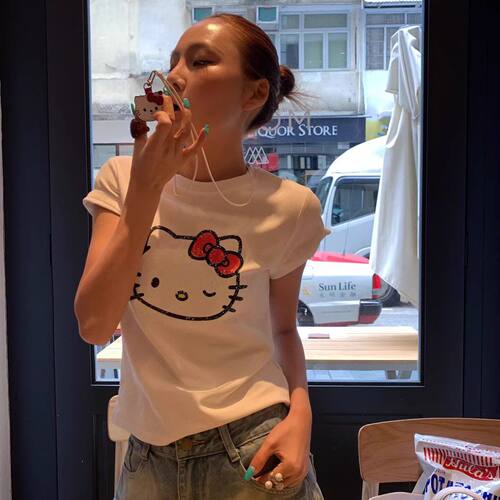 韩国东大门春夏新款修身显瘦卡通kt猫印花洋气短袖T恤女短款上衣