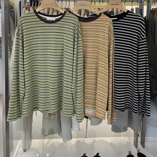 女潮 T恤百搭上衣打底衫 韩国2025秋季 慵懒风宽松休闲圆领条纹长袖