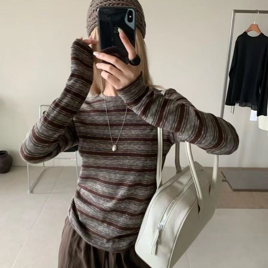 韩国东大门2025秋季新款简约百搭时尚条纹长袖T恤女打底衫上衣潮